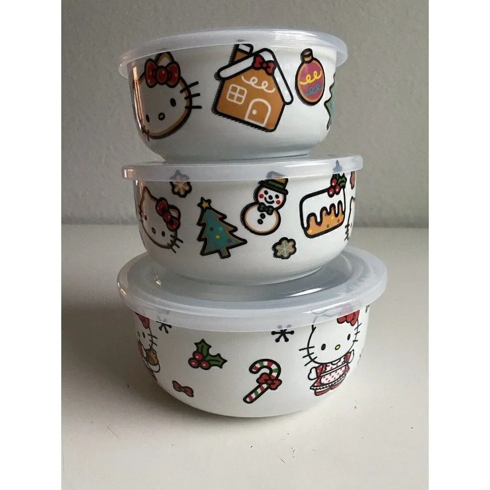 Set Of 3 Hello Kitty Christmas Pressure Lid Ceramic Food Storage Bowls Container